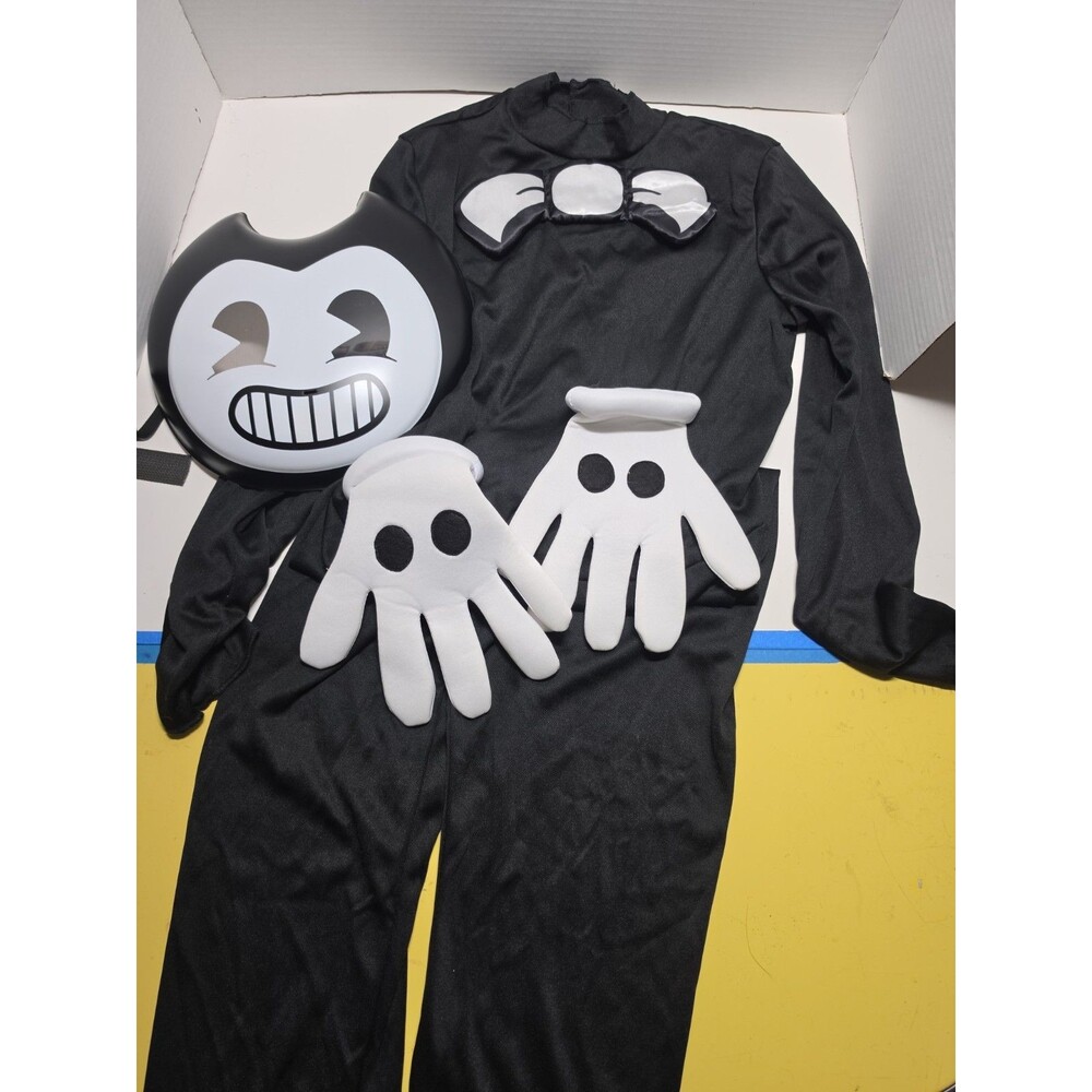 Bendy Halloween Costume Set XL (12-14) Black Polyester Jumpsuit Mask Gloves